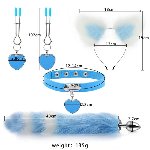 Anal Sex Toys Fox Tail Butt Plug Sexy Plush Cat Ear Headband with Bells Necklace Set Massage Sex Toys for Women Couples Cosplay