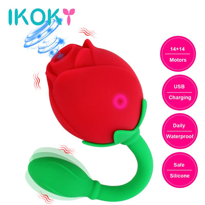 IKOKY 2 in 1 Anal Plug Sucking Vibrator Tail Vibration Clitoris Stimulation Vagina Nipple Massager Rose Shape Sex Toys for Women