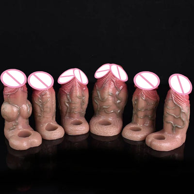 FAAK Silicone Realistic Penis Sleeve Cock Sleeve Extender Enlarger Thick Hollow Dildo Penis Ring Adult Toys for Men Masturbation
