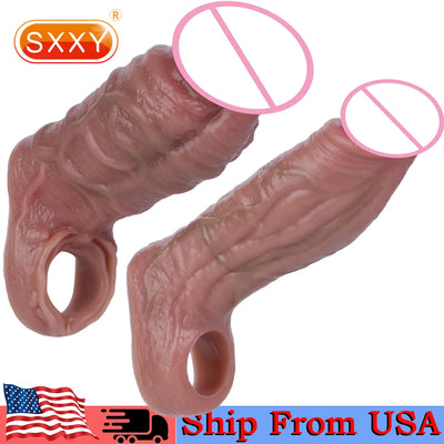 SXXY Ultra Realistic Hollow Dildo with Closed Head Silicone Lifelike Skin Touch Male Penis Extender Sleeve for Adult Sex Game