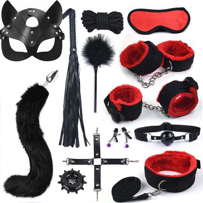 13pcs Black Wolf Set Sex Toy Couple Sex Toy Handcuffs Leather Whip Nipple Clip Tail Anal Plug Couple Toy
