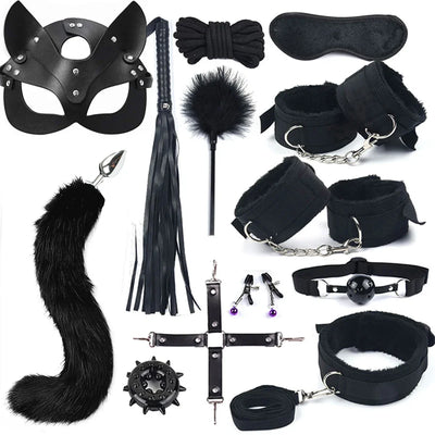 13pcs Black Wolf Set Sex Toy Couple Sex Toy Handcuffs Leather Whip Nipple Clip Tail Anal Plug Couple Toy