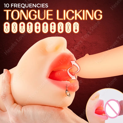 HESEKS Tongue Licking Realistic Oral Mouth Masturbators Penetration Pocket Pussy Deep Throat Blowjob Stroker Sex Toy for Men